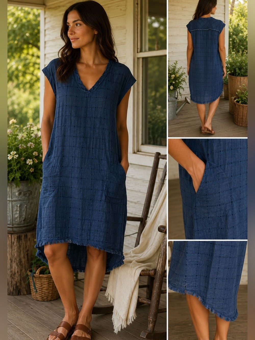 Cloth & Stone Blue Cotton Shift Shirt Dress Pockets Frayed Hem Small Boho Hippie